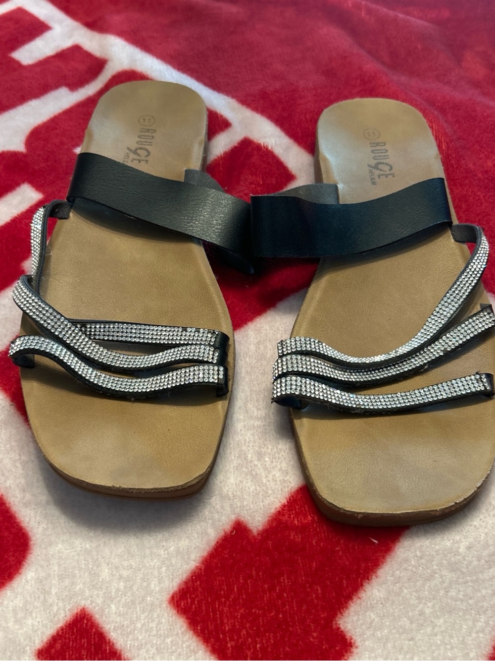 Rouge Helium Black and Tan Rhinestone Slide Sandals - Women